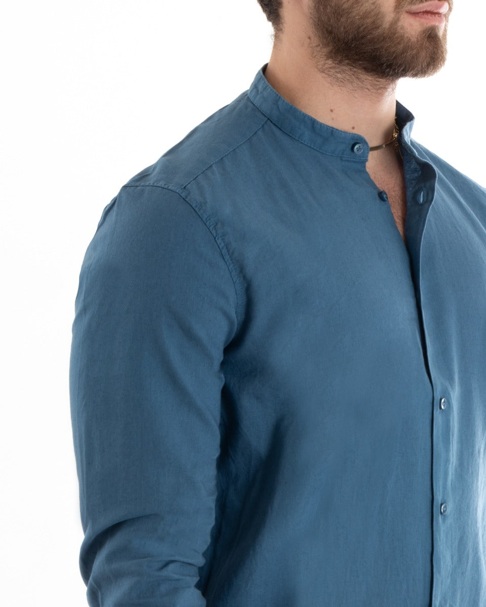 Men's Mandarin Collar Shirt Long Sleeve Linen Solid Color Tailored Light Blue GIOSAL-C2668A