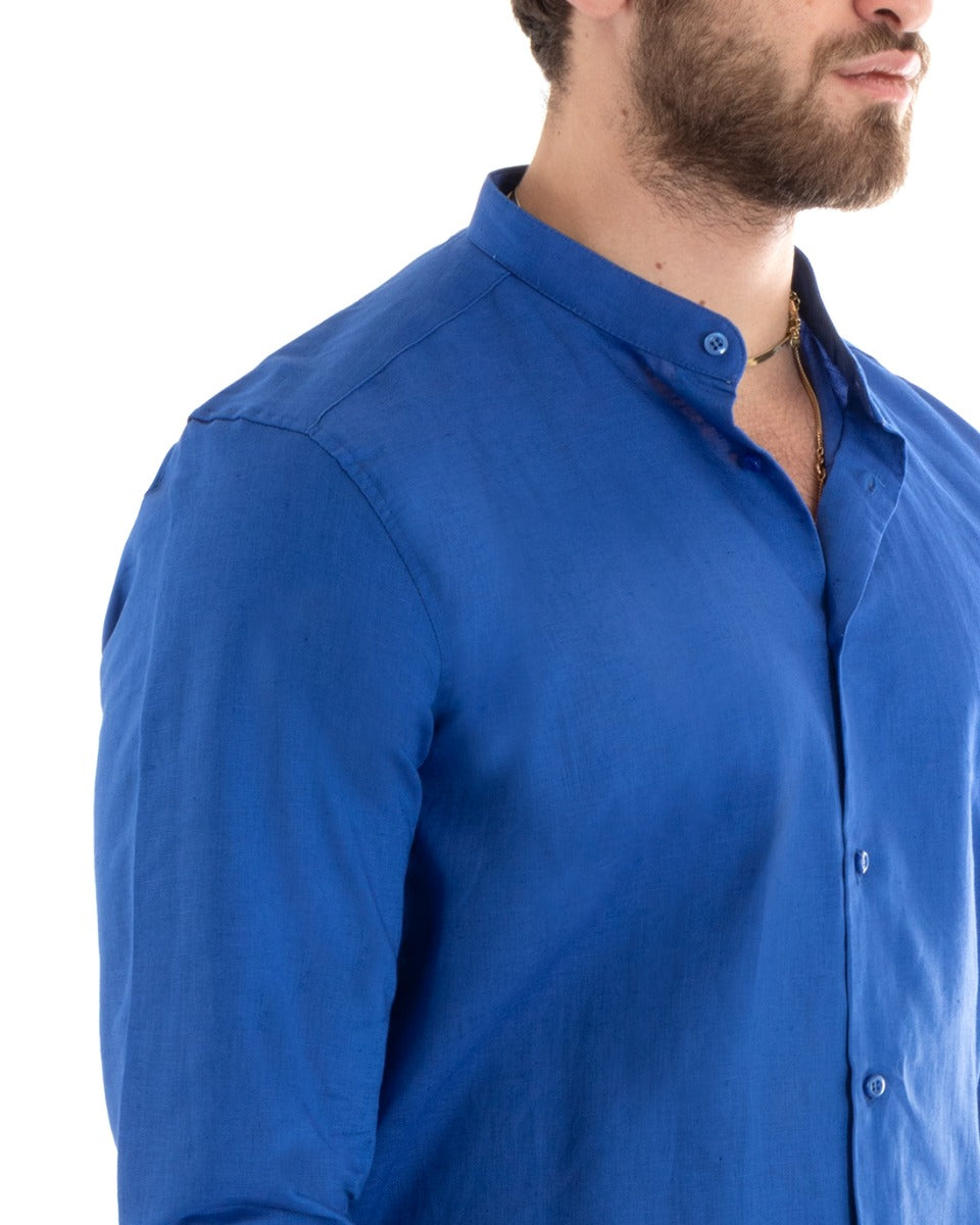 Men's Mandarin Collar Shirt Long Sleeve Linen Solid Color Tailored Royal Blue GIOSAL-C2669A