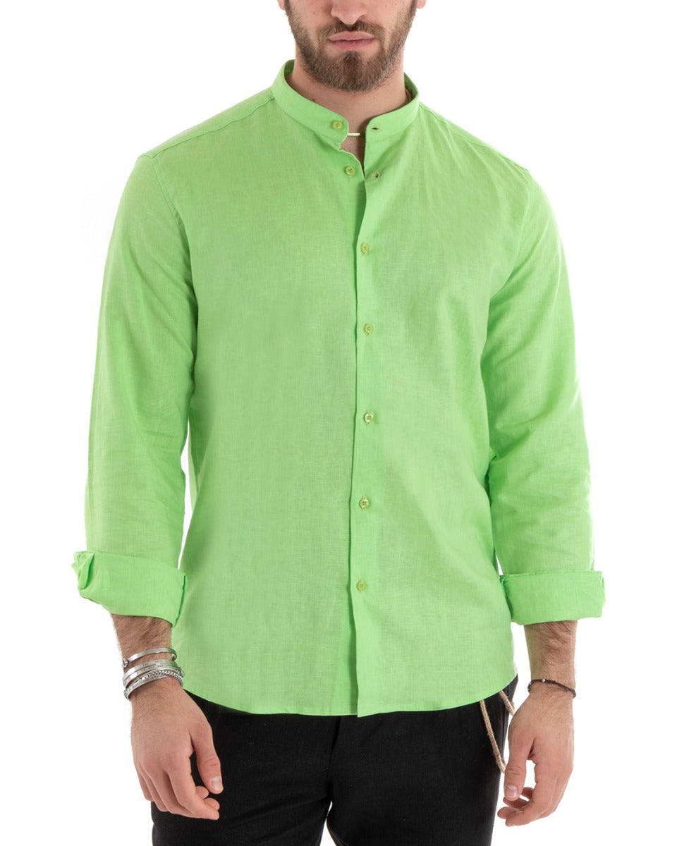 Camicia Uomo Collo Coreano Maniche Lunghe Lino Tinta Unita Sartoriale Verde Acido GIOSAL-C2671A