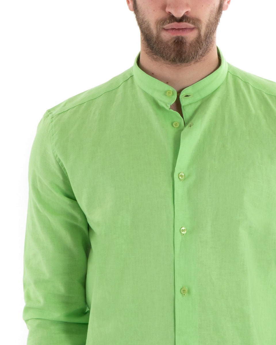 Camicia Uomo Collo Coreano Manica Lunga Lino Tinta Unita Sartoriale Verde Acido GIOSAL-C2671A