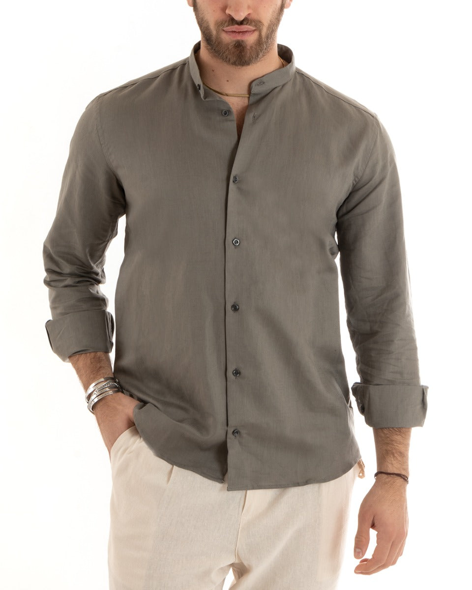 Men's Mandarin Collar Shirt Long Sleeve Linen Solid Color Tailored Mud GIOSAL-C2672A
