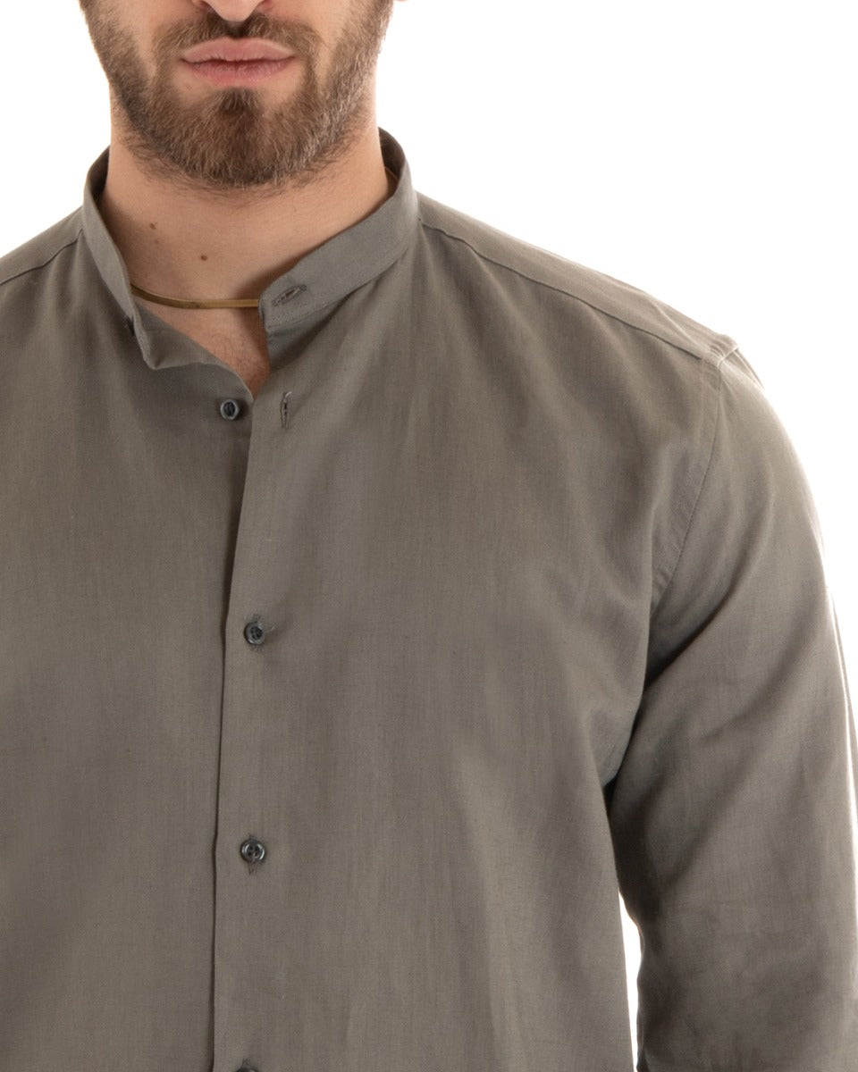 Men's Mandarin Collar Shirt Long Sleeve Linen Solid Color Tailored Mud GIOSAL-C2672A