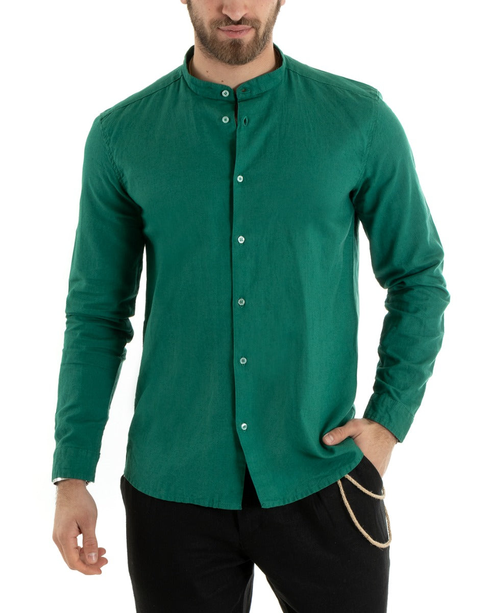 Camicia Uomo Collo Coreano Manica Lunga Lino Tinta Unita Sartoriale Verde GIOSAL-C2673A