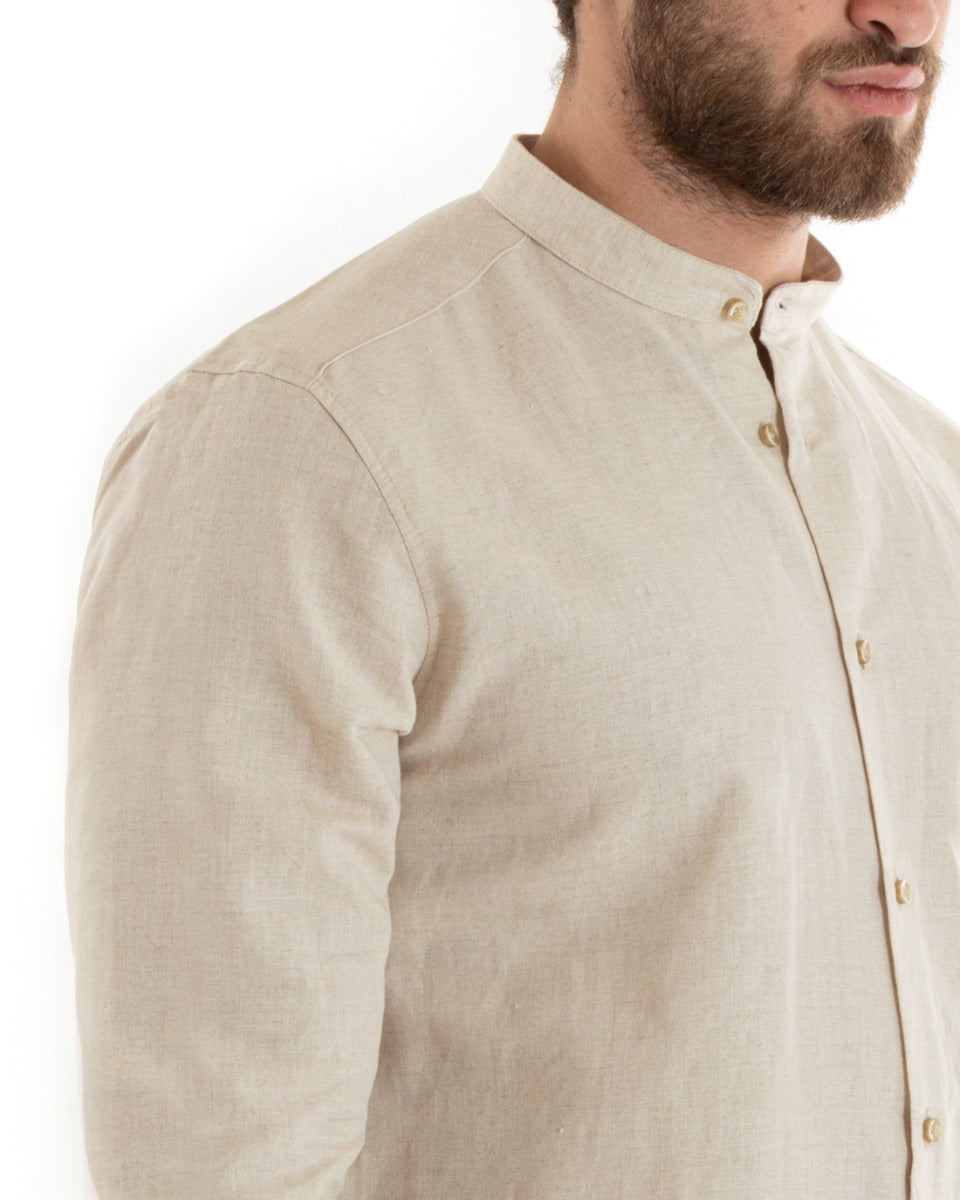 Men's Mandarin Collar Shirt Long Sleeve Linen Solid Color Tailored Beige GIOSAL-C2675A