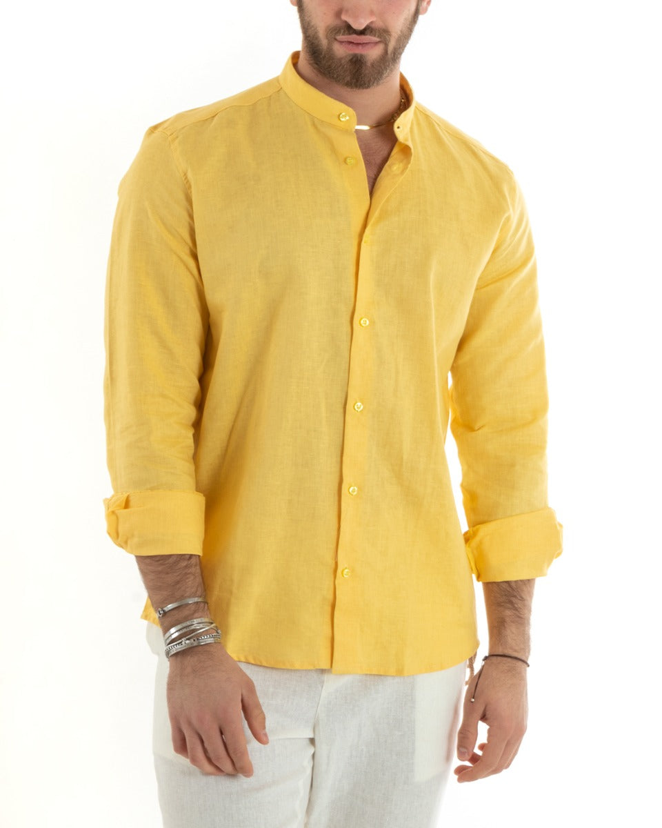 Men's Mandarin Collar Shirt Long Sleeve Linen Solid Color Tailored Yellow GIOSAL-C2676A