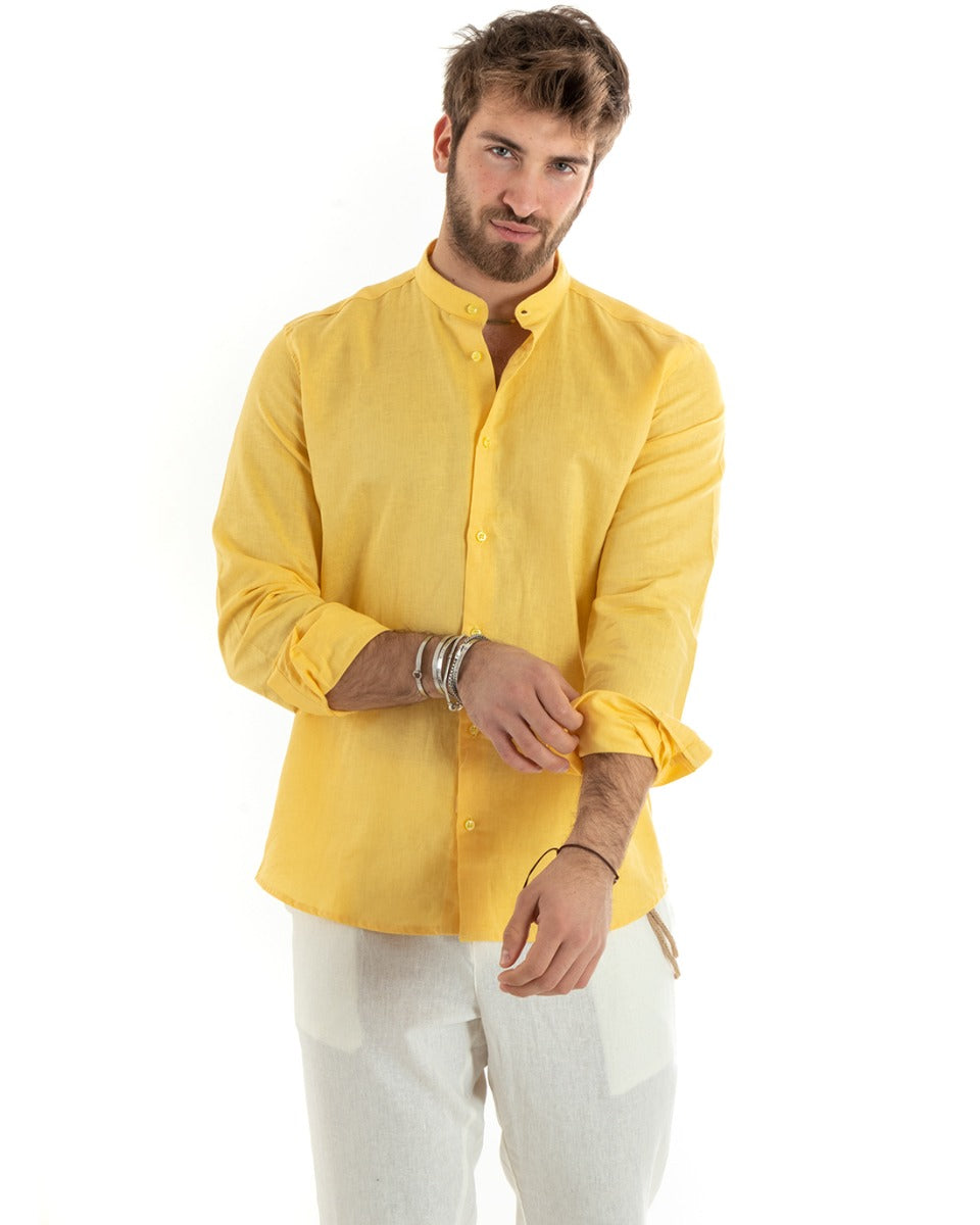 Men's Mandarin Collar Shirt Long Sleeve Linen Solid Color Tailored Yellow GIOSAL-C2676A
