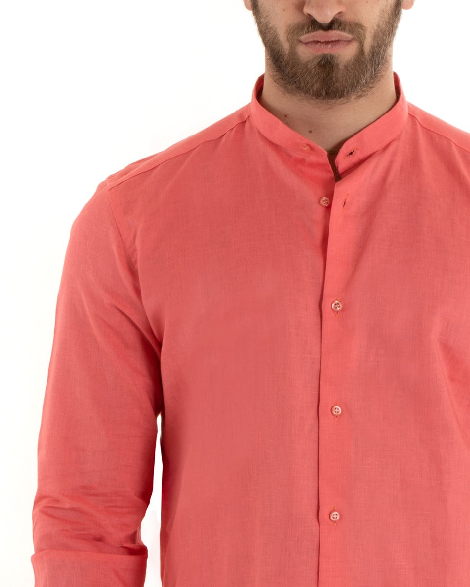 Men's Mandarin Collar Shirt Long Sleeve Linen Solid Color Tailored Coral GIOSAL-C2677A