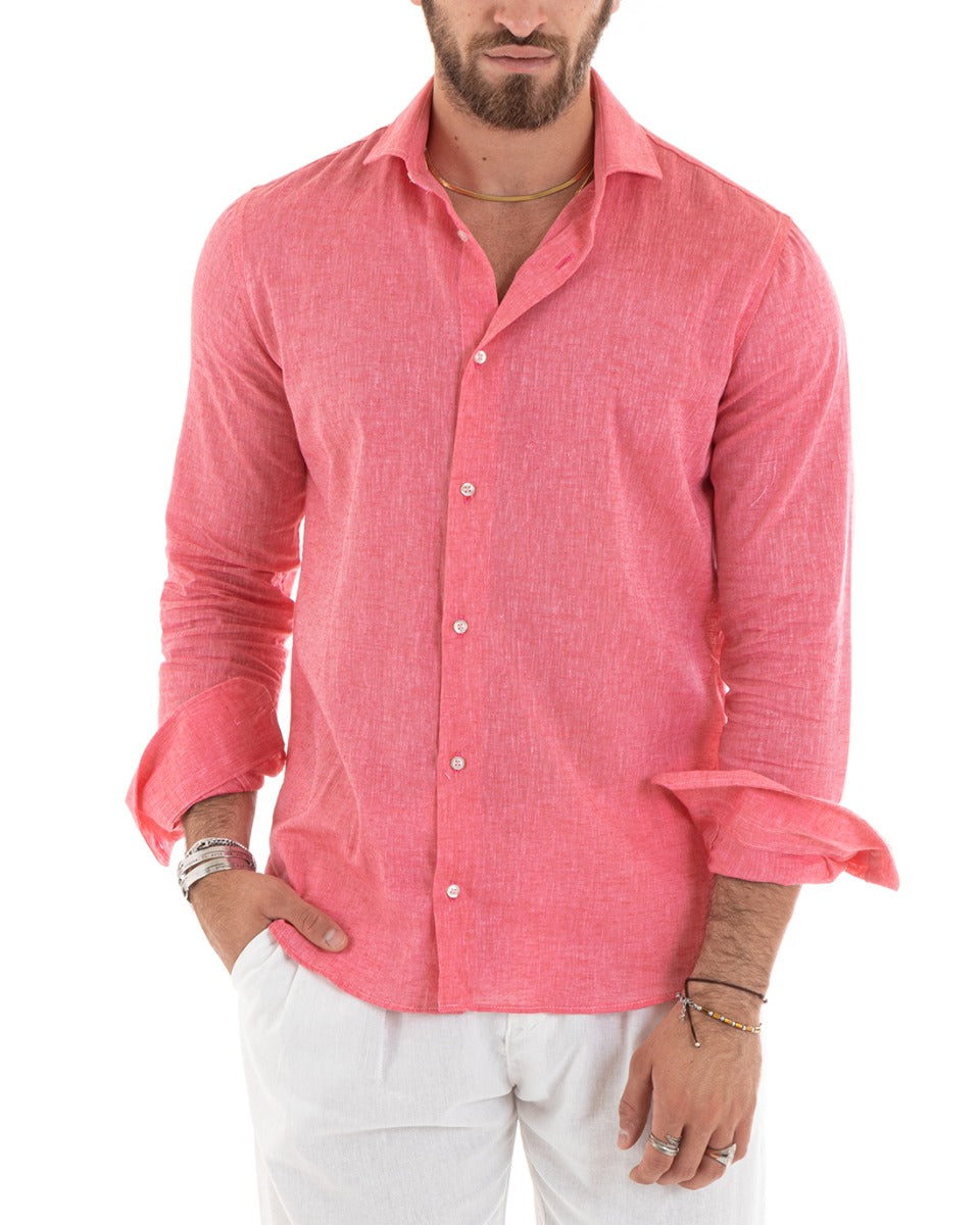 Men's Shirt With French Collar Long Sleeve Tailored Melange Linen Coral GIOSAL-C2680A