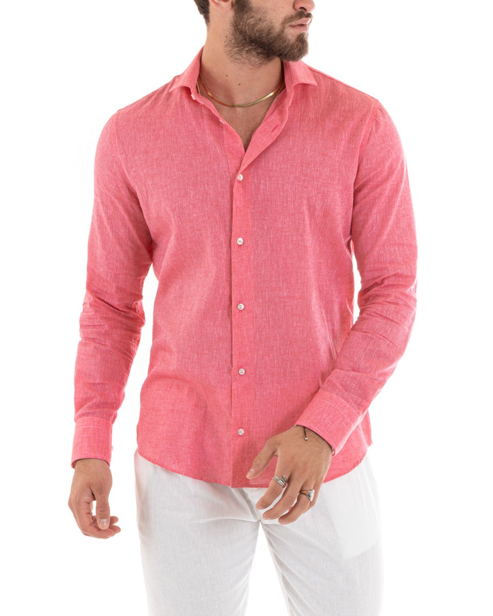 Men's Shirt With French Collar Long Sleeve Tailored Melange Linen Coral GIOSAL-C2680A