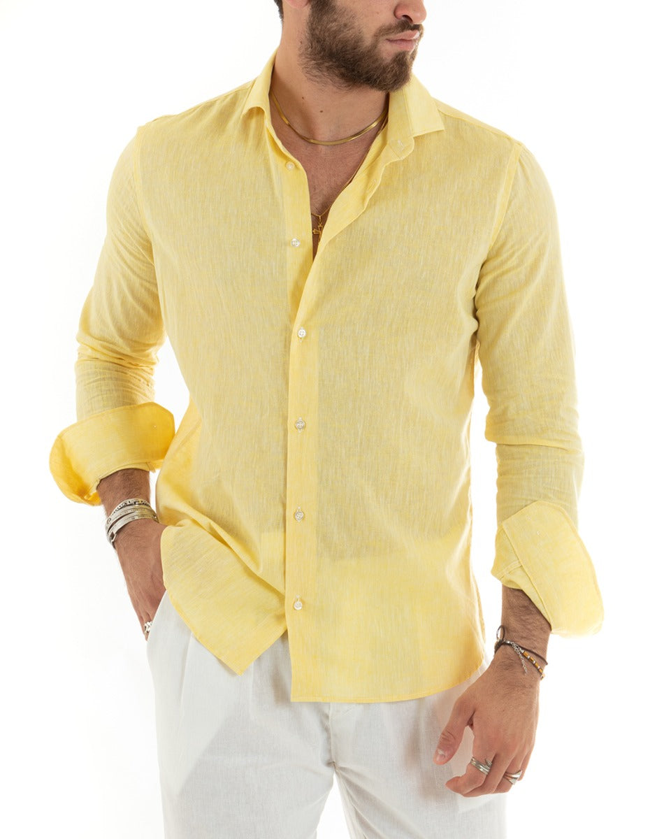 Men's Shirt With French Collar Long Sleeves Tailored Melange Linen Yellow GIOSAL-C2681A
