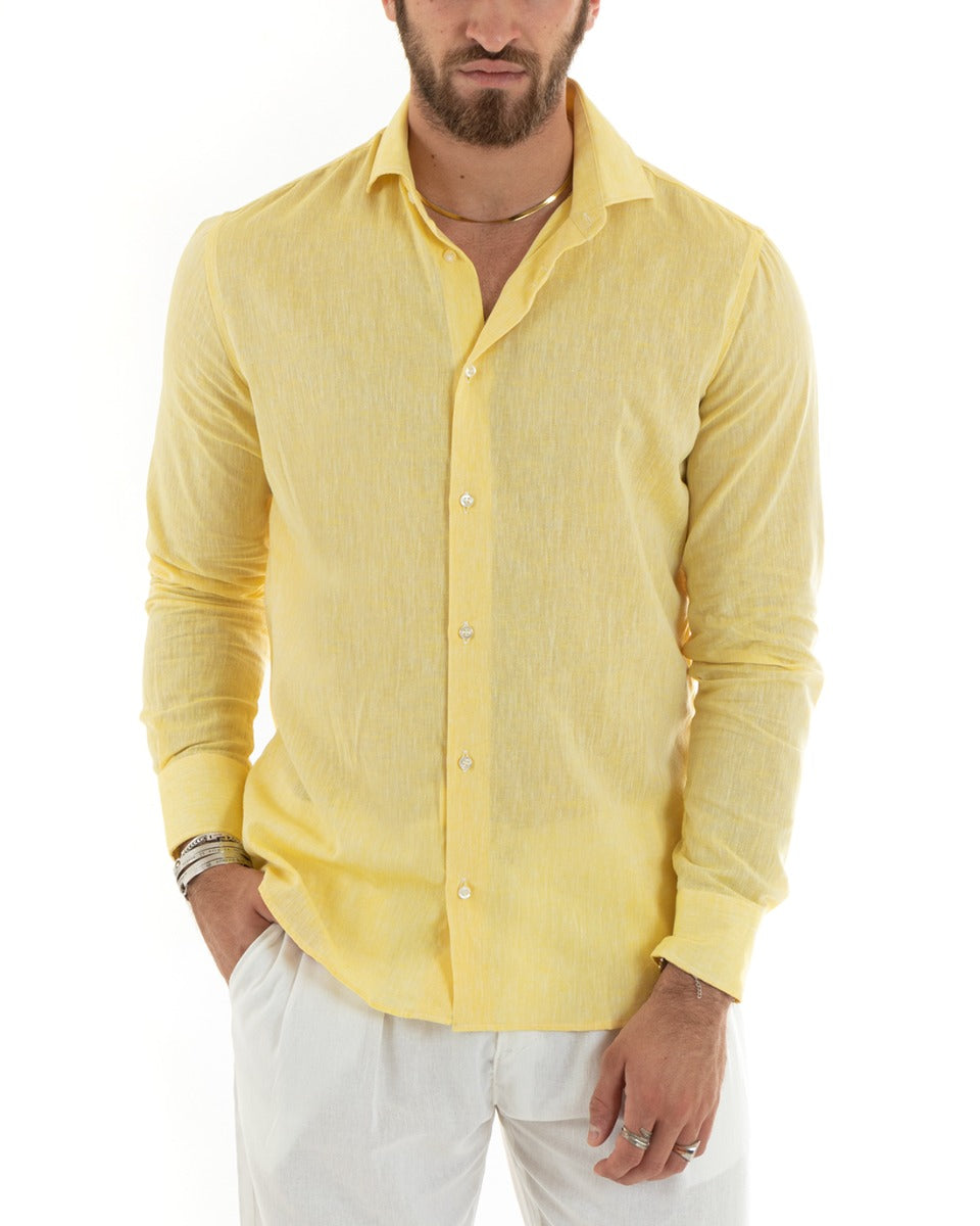Men's Shirt With French Collar Long Sleeves Tailored Melange Linen Yellow GIOSAL-C2681A