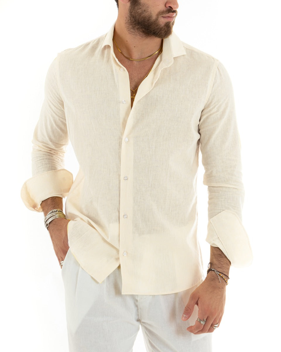 Men's Shirt With French Collar Long Sleeves Tailored Melange Linen Beige GIOSAL-C2682A