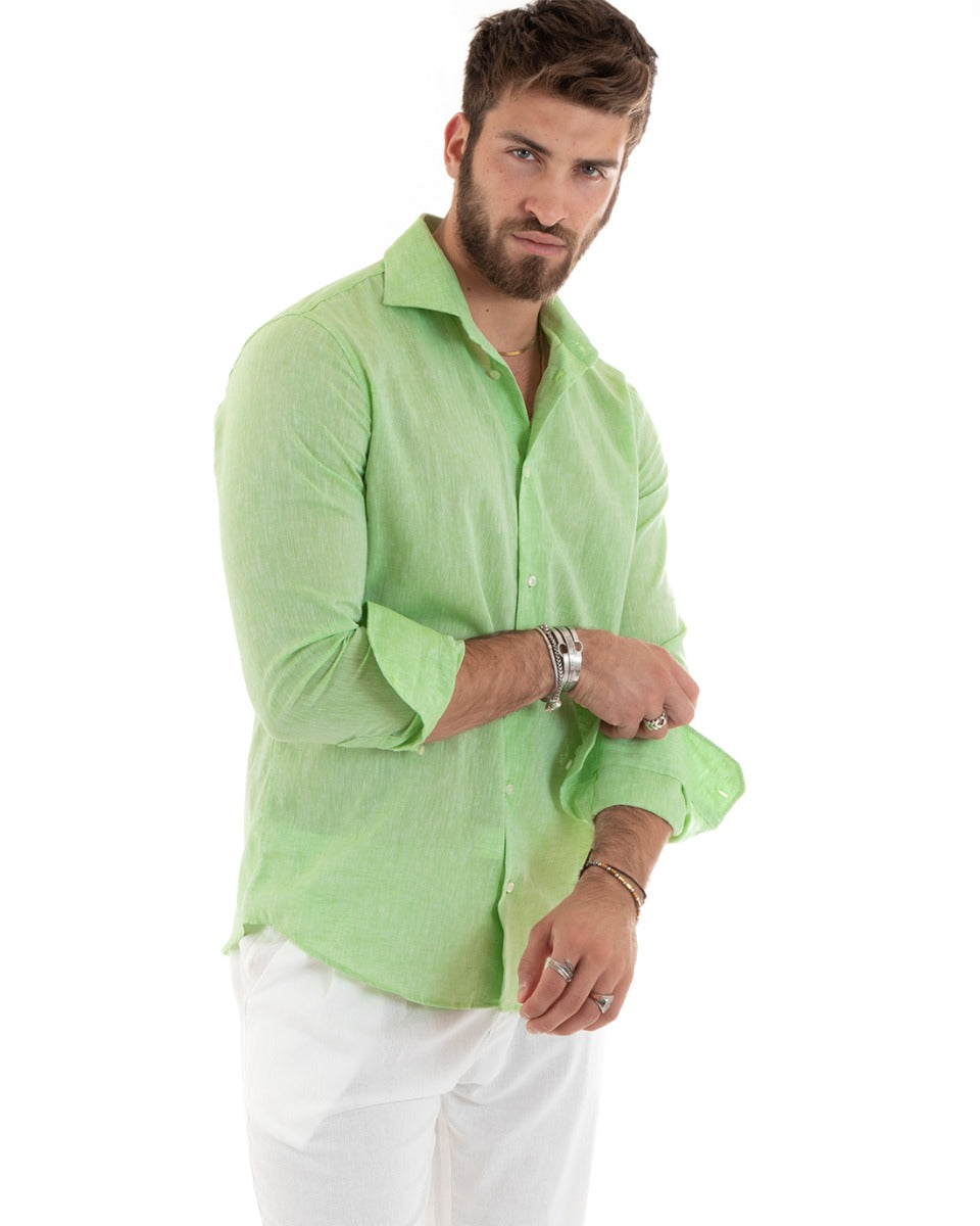 Men's Shirt With French Collar Long Sleeves Tailored Melange Linen Pea Green GIOSAL-C2683A