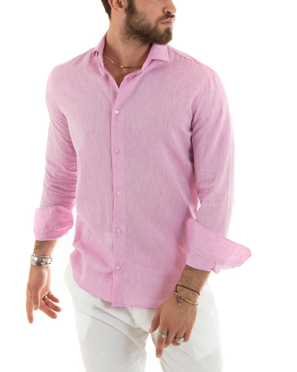Men's Shirt With French Collar Long Sleeves Tailored Melange Linen Pink GIOSAL-C2684A