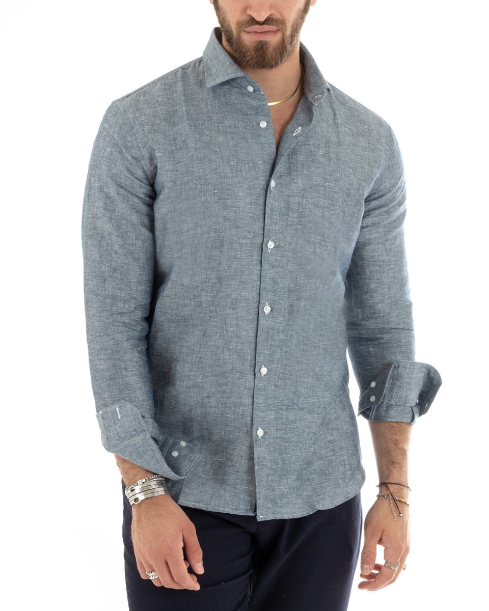 Men's Shirt With French Collar Long Sleeves Tailored Melange Linen Blue GIOSAL-C2685A