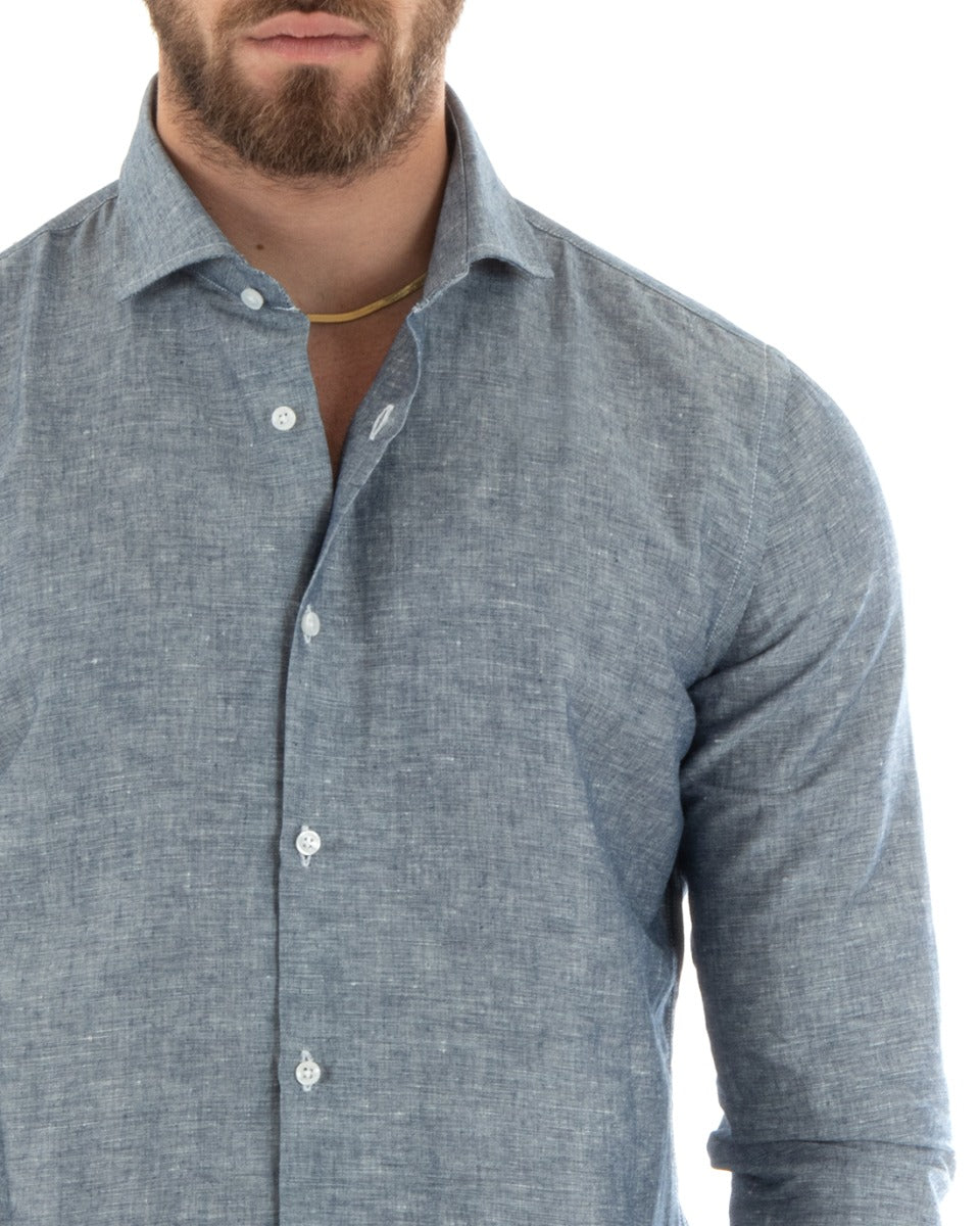 Camicia Uomo Lino Melangiata Colletto Francese Sartoriale Blu GIOSAL-C2685A