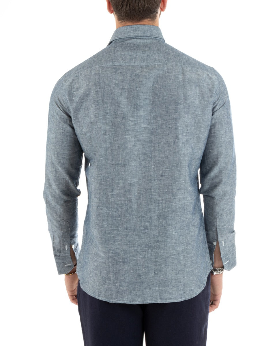 Camicia Uomo Lino Melangiata Colletto Francese Sartoriale Blu GIOSAL-C2685A