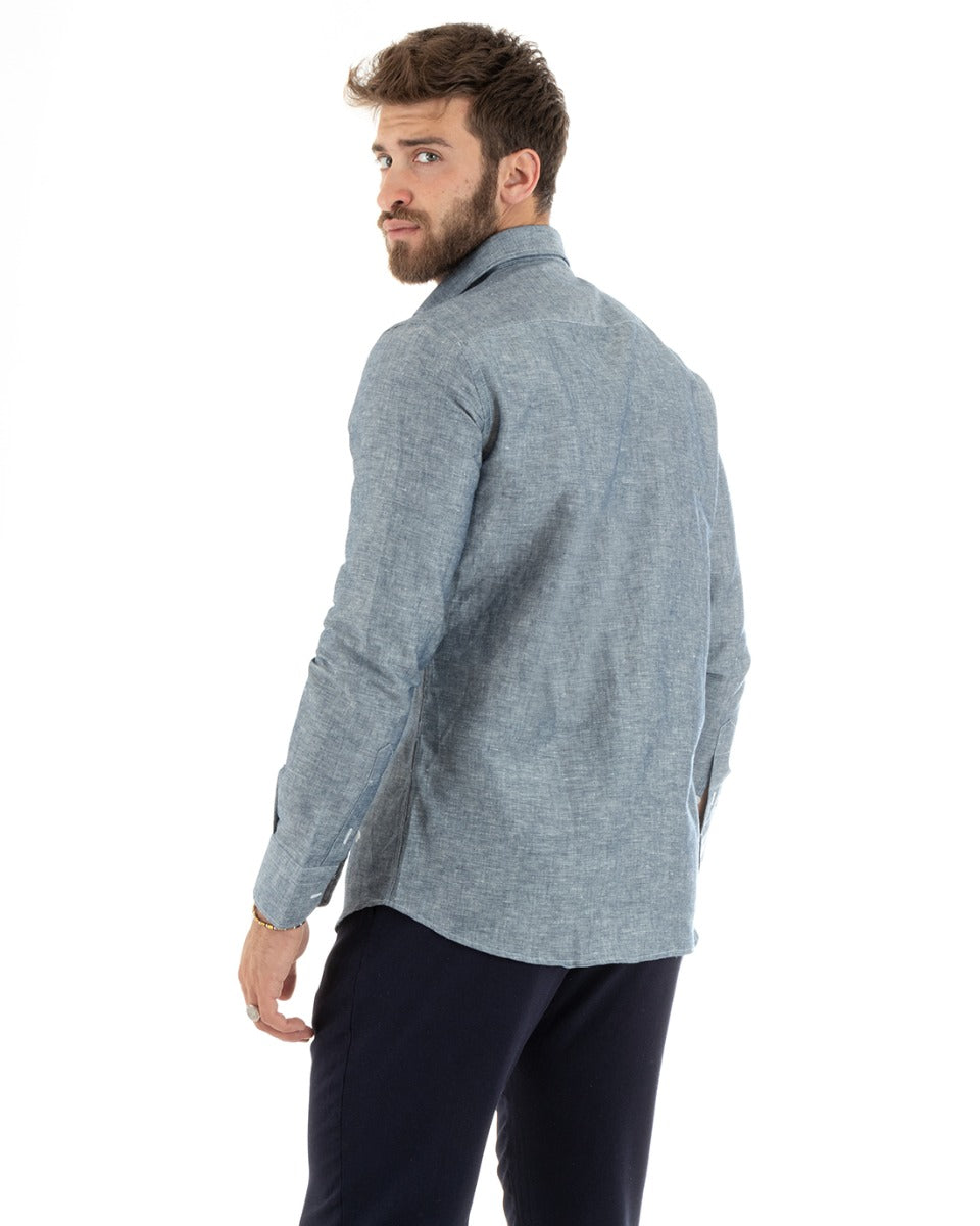 Camicia Uomo Lino Melangiata Colletto Francese Sartoriale Blu GIOSAL-C2685A