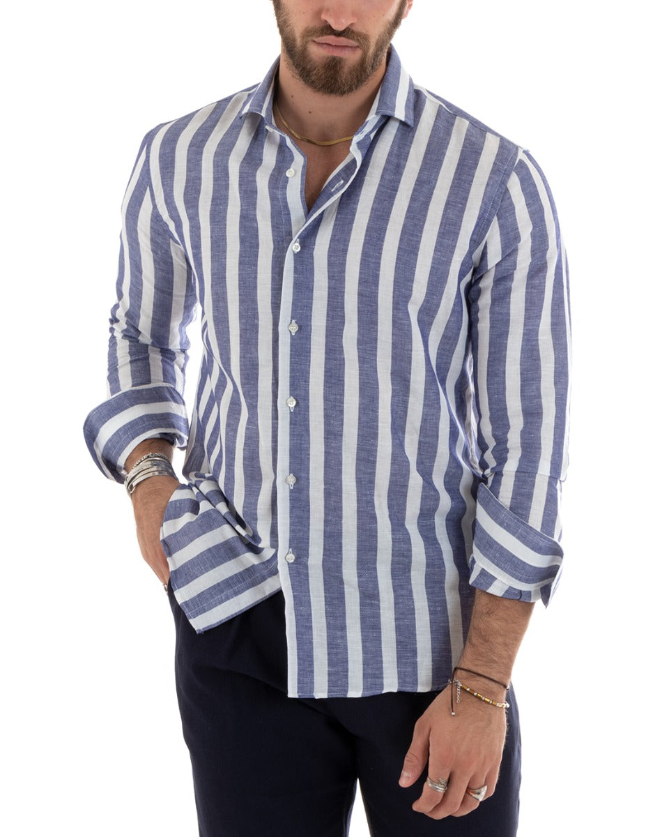 Men's Shirt With Tailored French Collar Long Sleeve Striped Linen Blue GIOSAL-C2687A