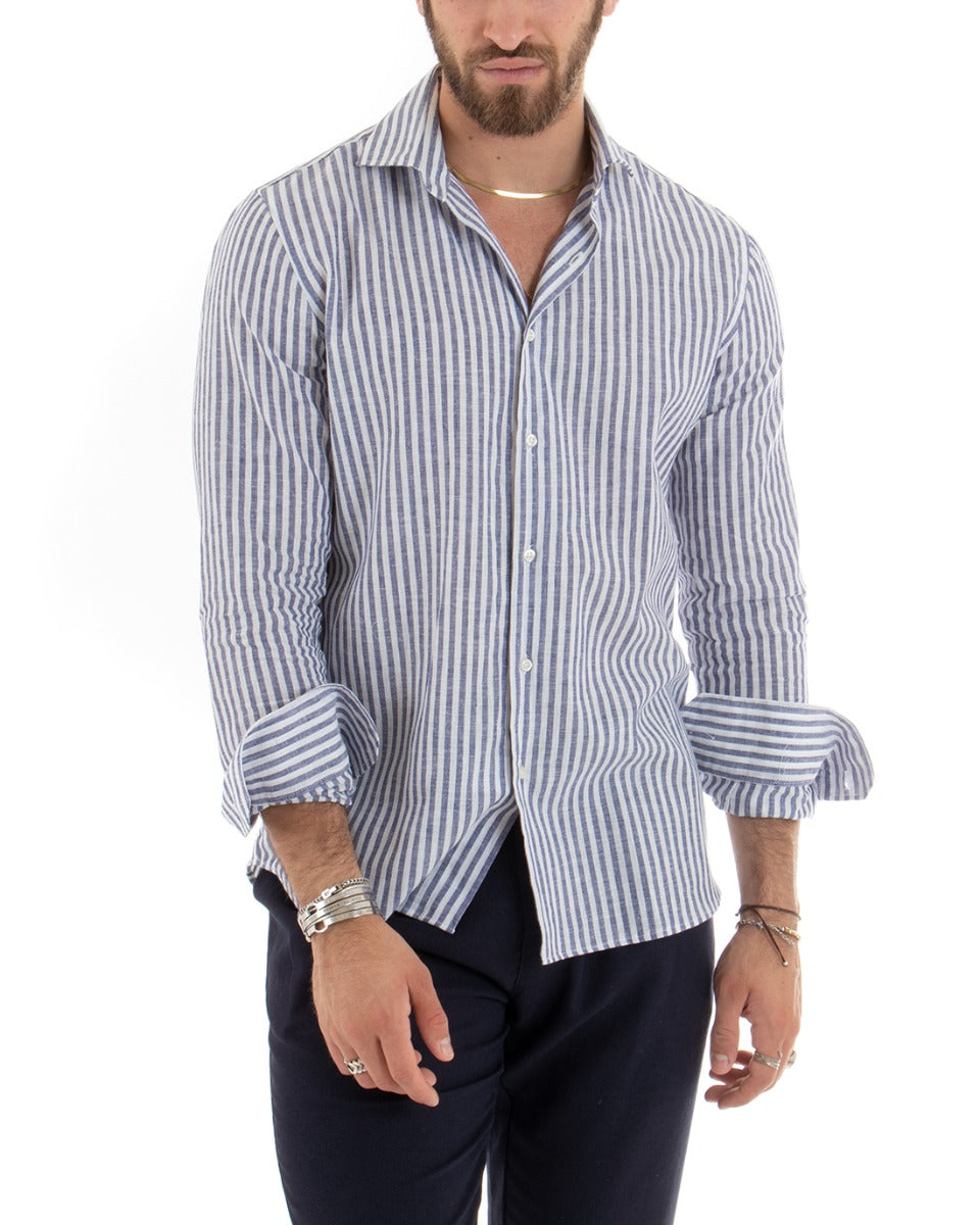 Men's Shirt With French Collar Tailored Long Sleeve Linen Narrow Striped Blue GIOSAL-C2688A
