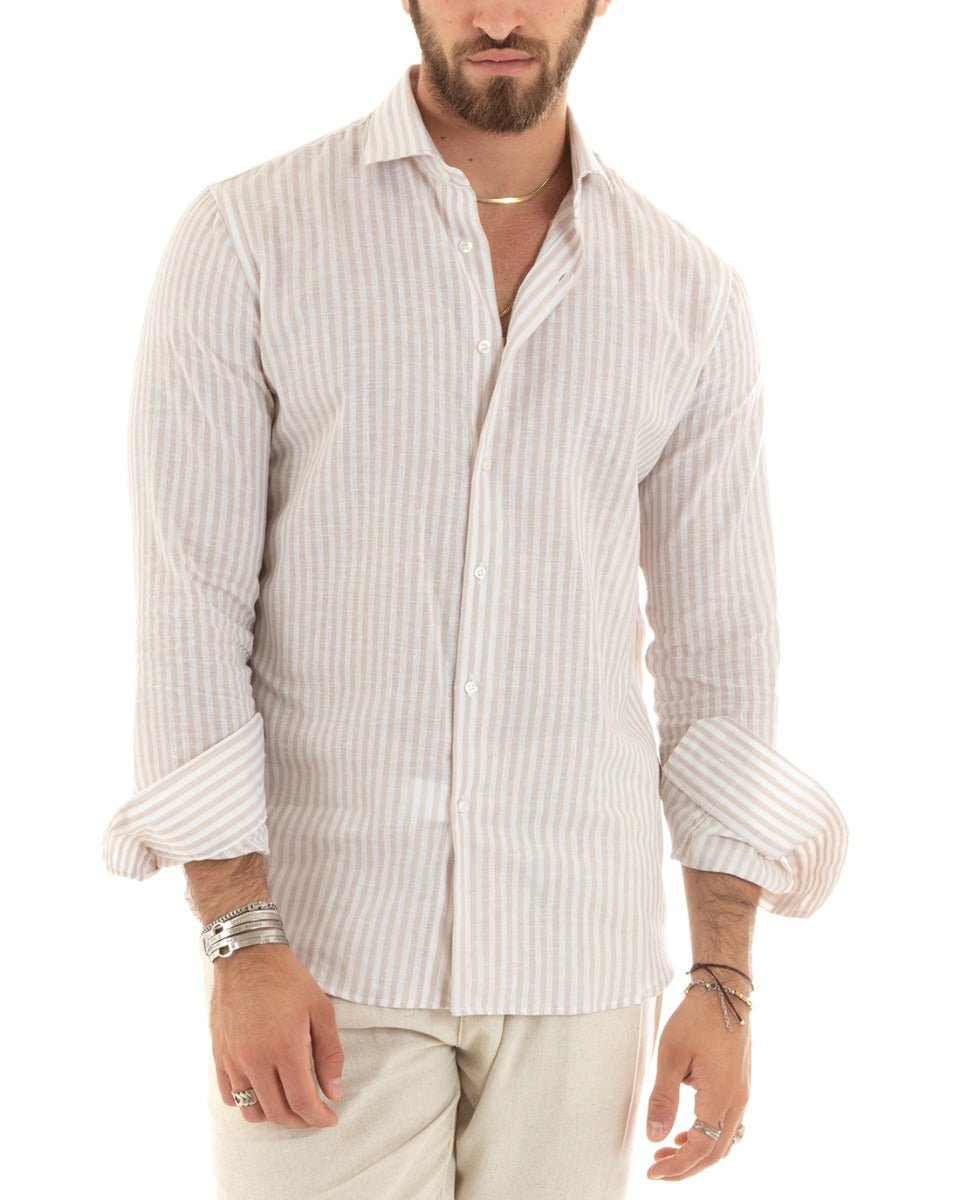 Men's Shirt With French Collar Tailored Long Sleeve Linen Narrow Striped Beige GIOSAL-C2689A