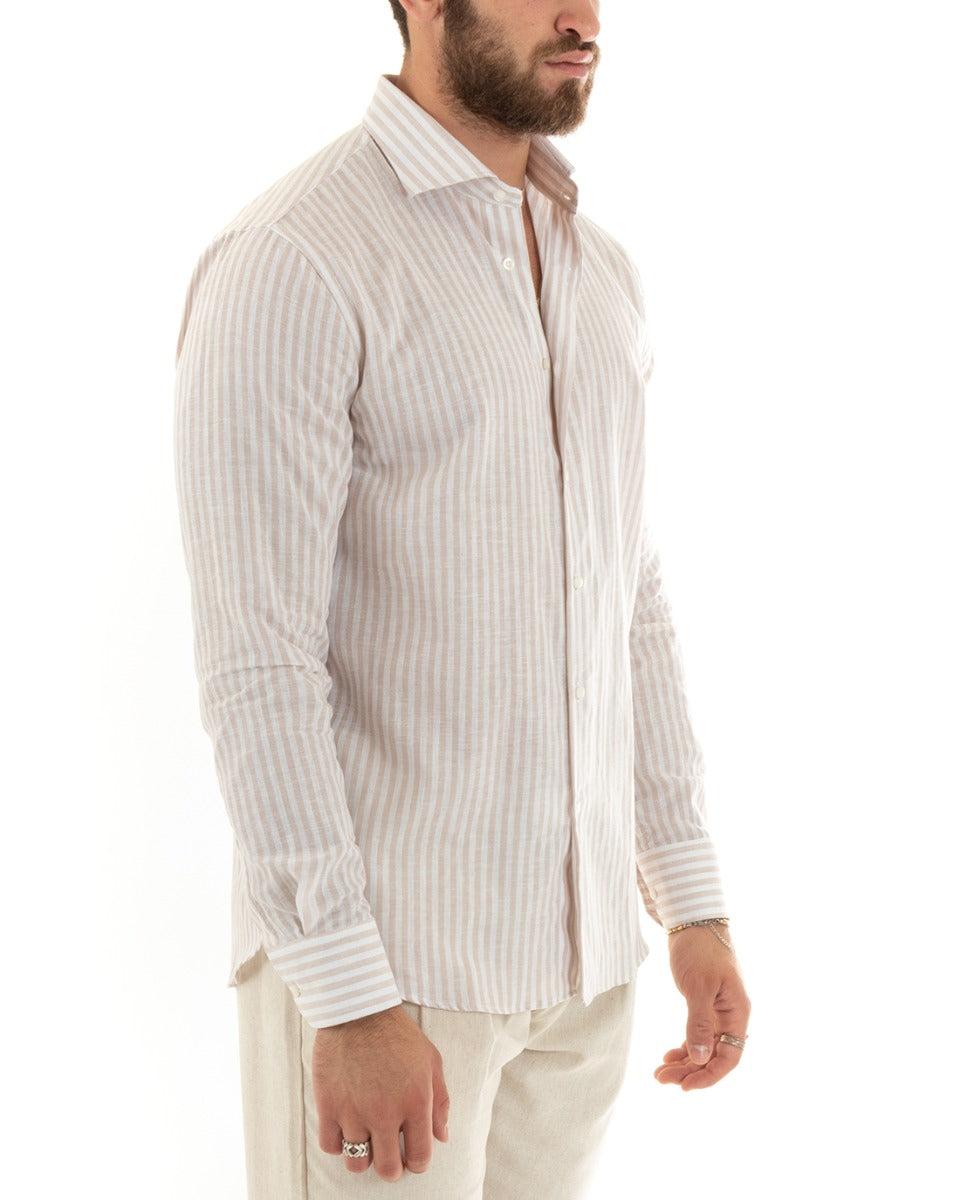 Men's Shirt With French Collar Tailored Long Sleeve Linen Narrow Striped Beige GIOSAL-C2689A