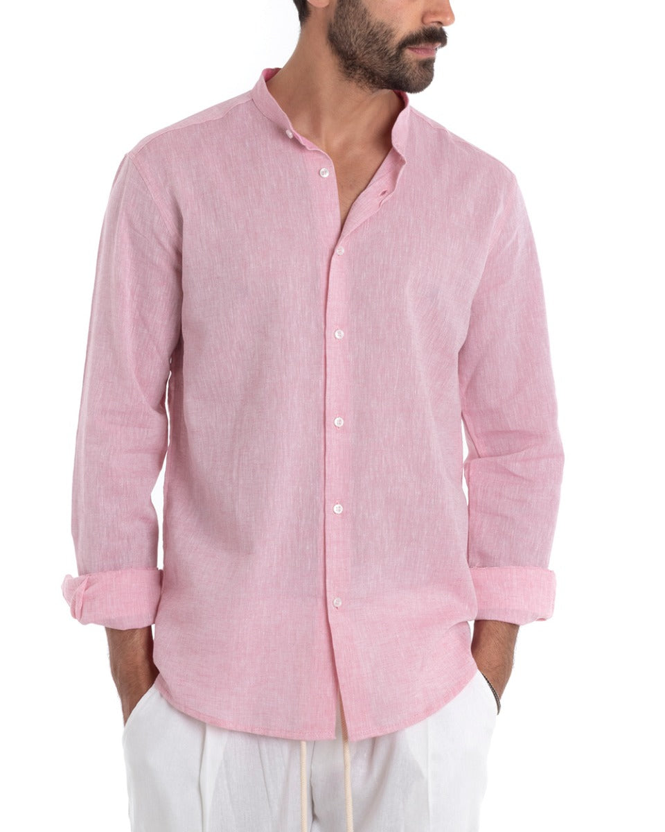 Men's Mandarin Collar Tailored Shirt Long Sleeve Melange Linen Light Pink GIOSAL-C2693A