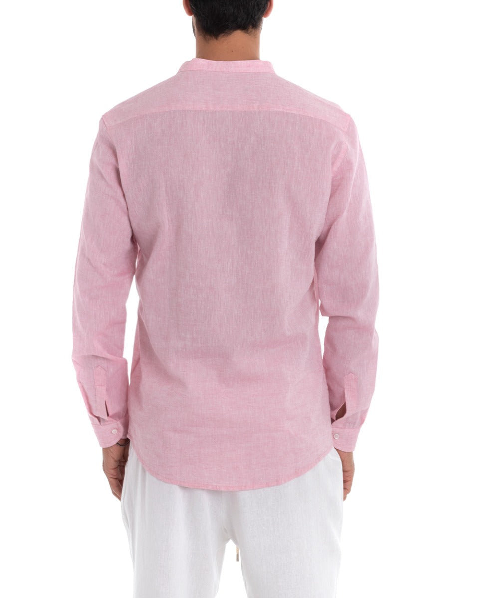 Camicia Uomo Collo Coreano Sartoriale Manica Lunga Lino Melangiata Rosa Chiaro GIOSAL-C2693A