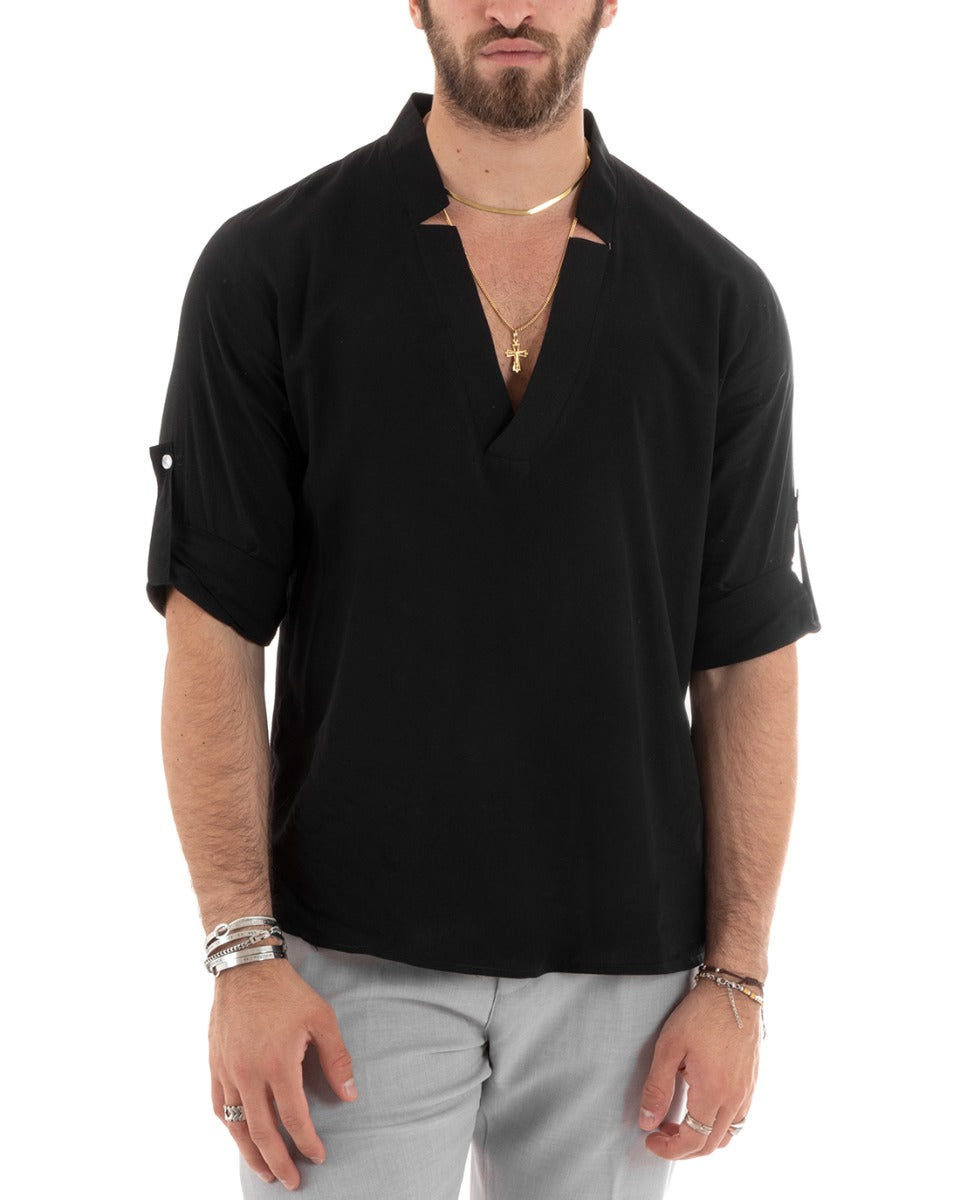 Men's Shirt V-Neck Long Sleeve Soft Light Viscose Black GIOSAL-C2694A