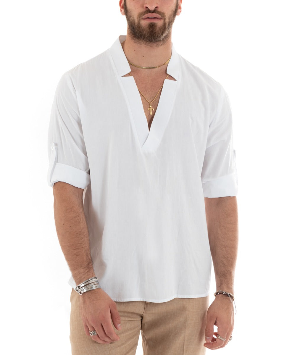 Men's Shirt V-Neck Long Sleeve Soft Light Viscose White GIOSAL-C2695A