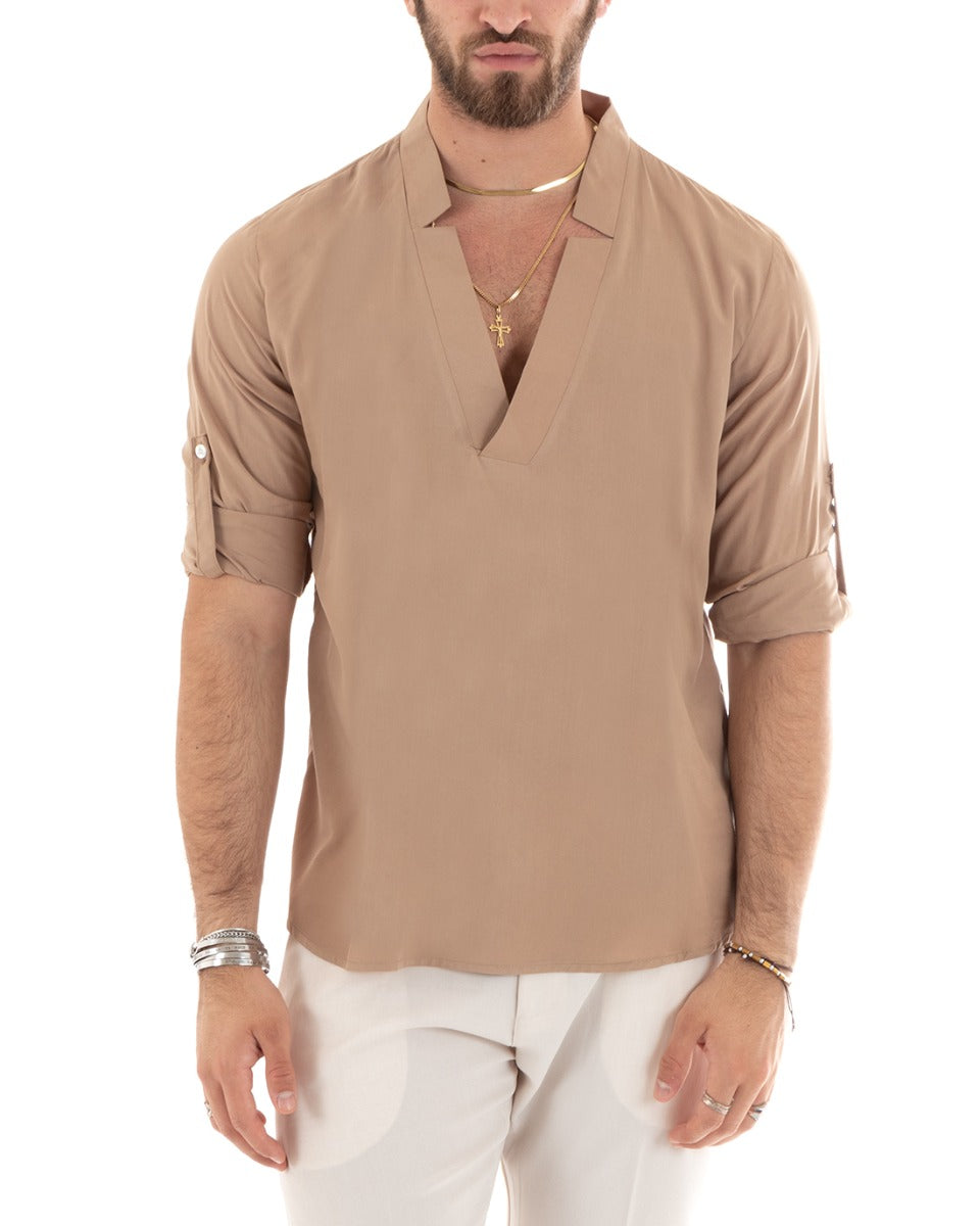 Men's Shirt V Neck Long Sleeve Soft Light Viscose Camel GIOSAL-C2697A