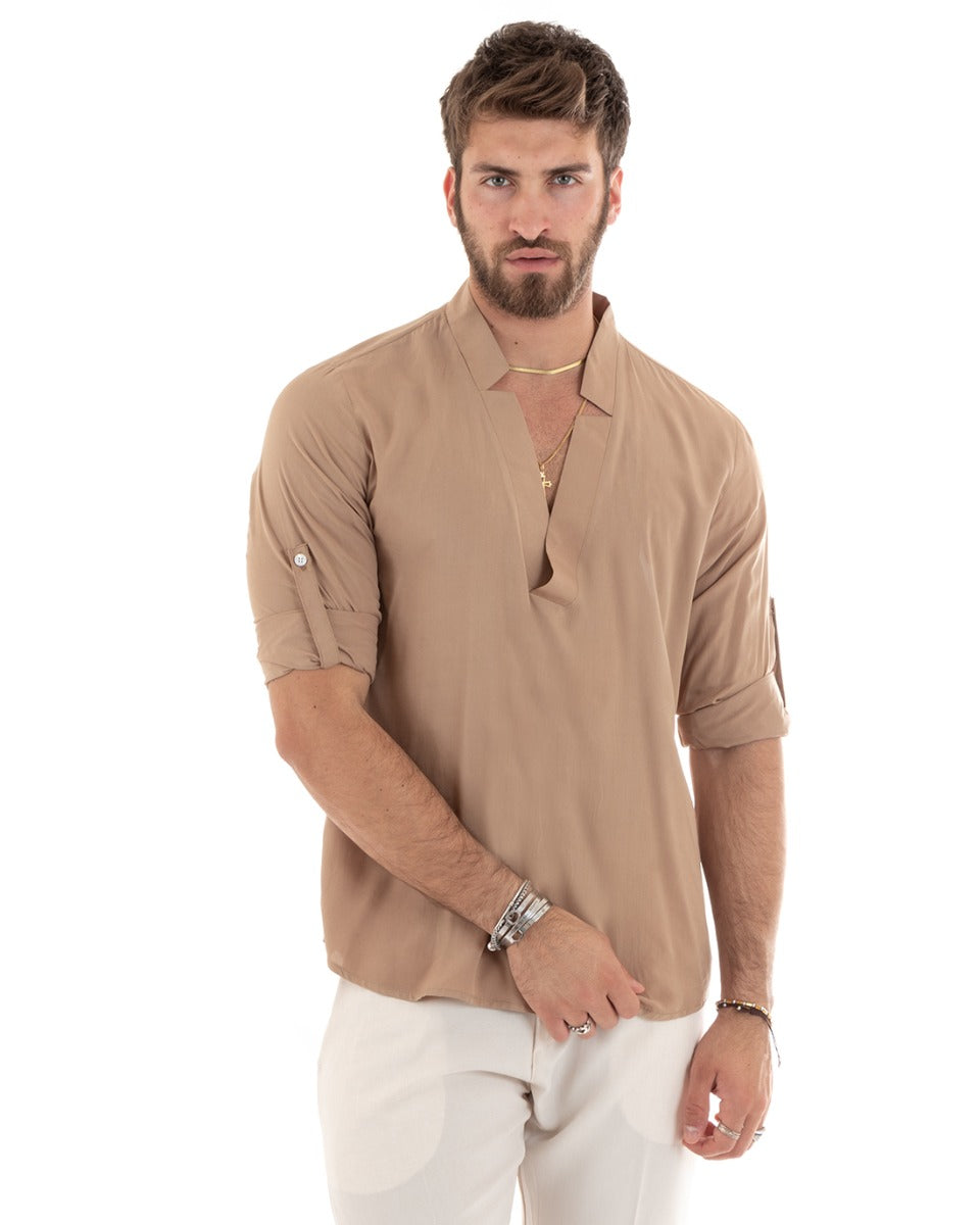 Men's Shirt V Neck Long Sleeve Soft Light Viscose Camel GIOSAL-C2697A