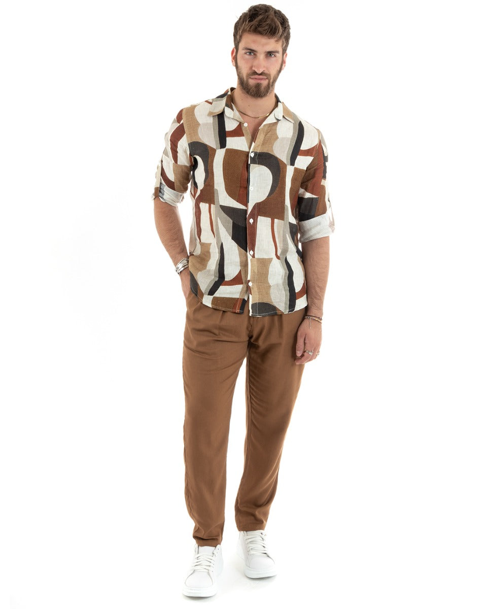Camicia Uomo Con Colletto Manica Lunga Lino Morbida Leggera Fantasia GIOSAL-C2703A