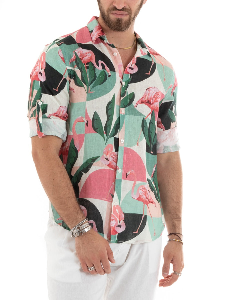 Men's Shirt With Collar Long Sleeves Soft Light Linen Floral Pattern GIOSAL-C2704A