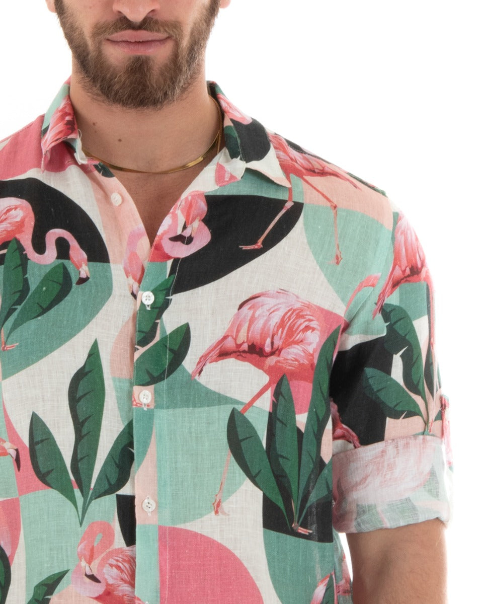 Men's Shirt With Collar Long Sleeves Soft Light Linen Floral Pattern GIOSAL-C2704A