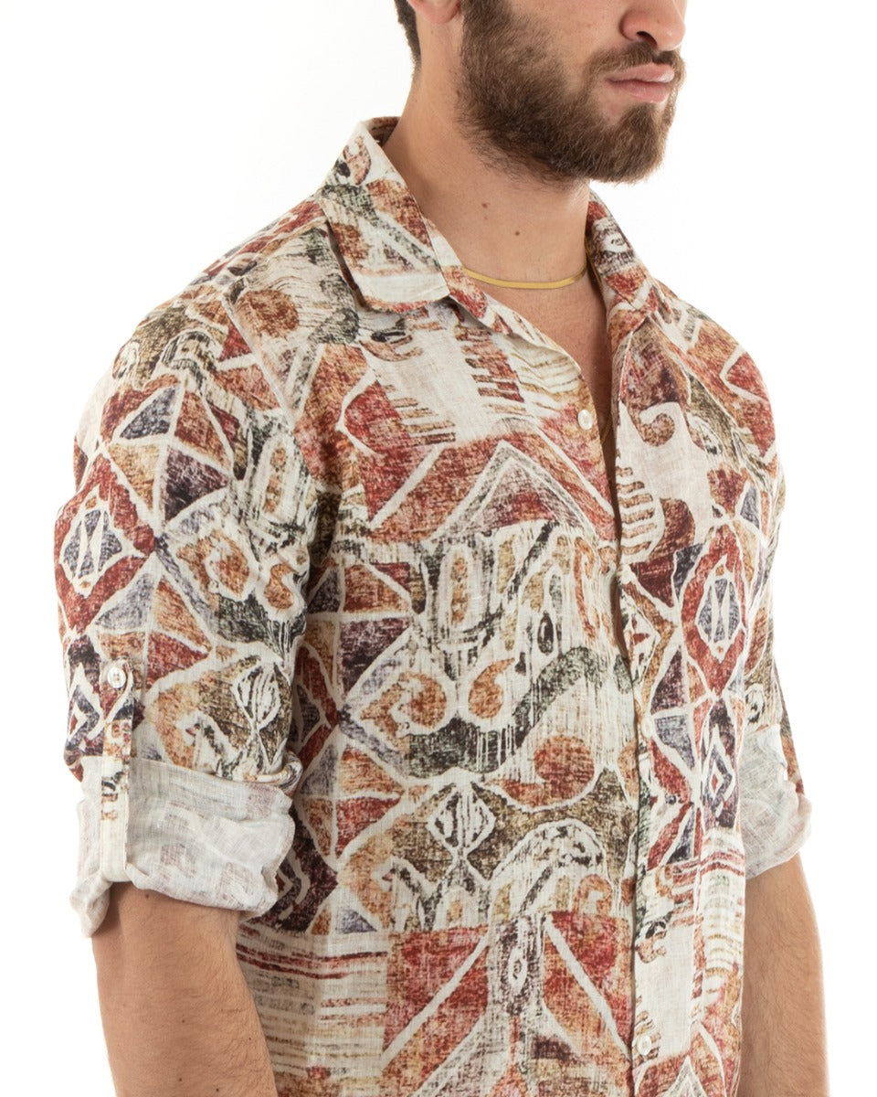 Camicia Uomo Con Colletto Manica Lunga Lino Morbida Leggera Fantasia Multicolore GIOSAL-C2705A