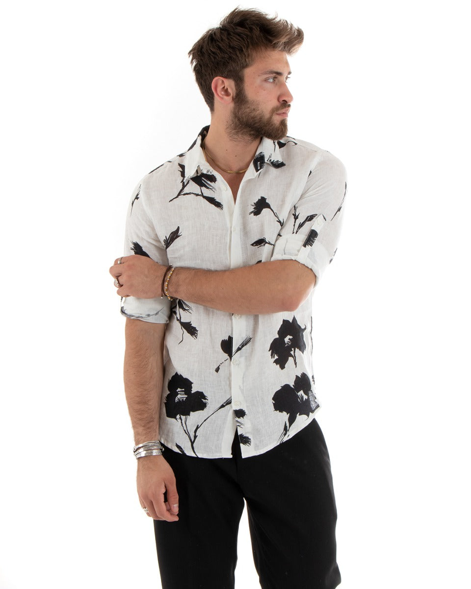 Men's Shirt With Collar Long Sleeve Soft Light Linen Floral White GIOSAL-C2706A
