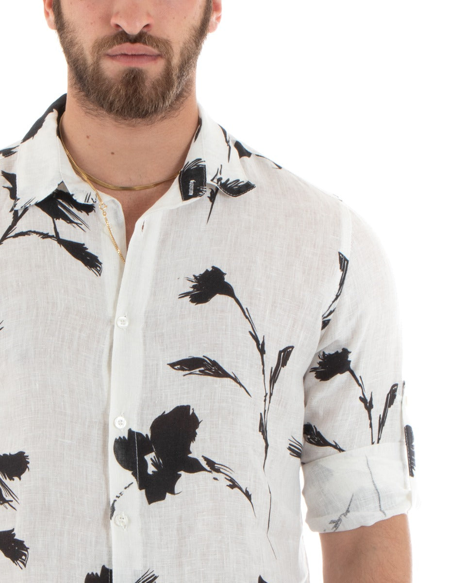 Men's Shirt With Collar Long Sleeve Soft Light Linen Floral White GIOSAL-C2706A