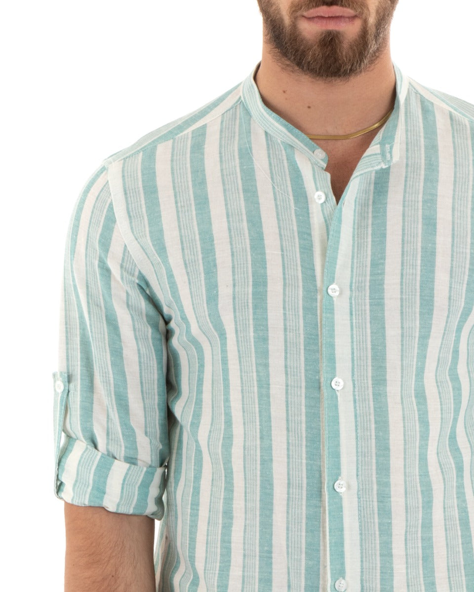 Men's Mandarin Collar Shirt Long Sleeve Linen Striped Water Green GIOSAL-C2708A