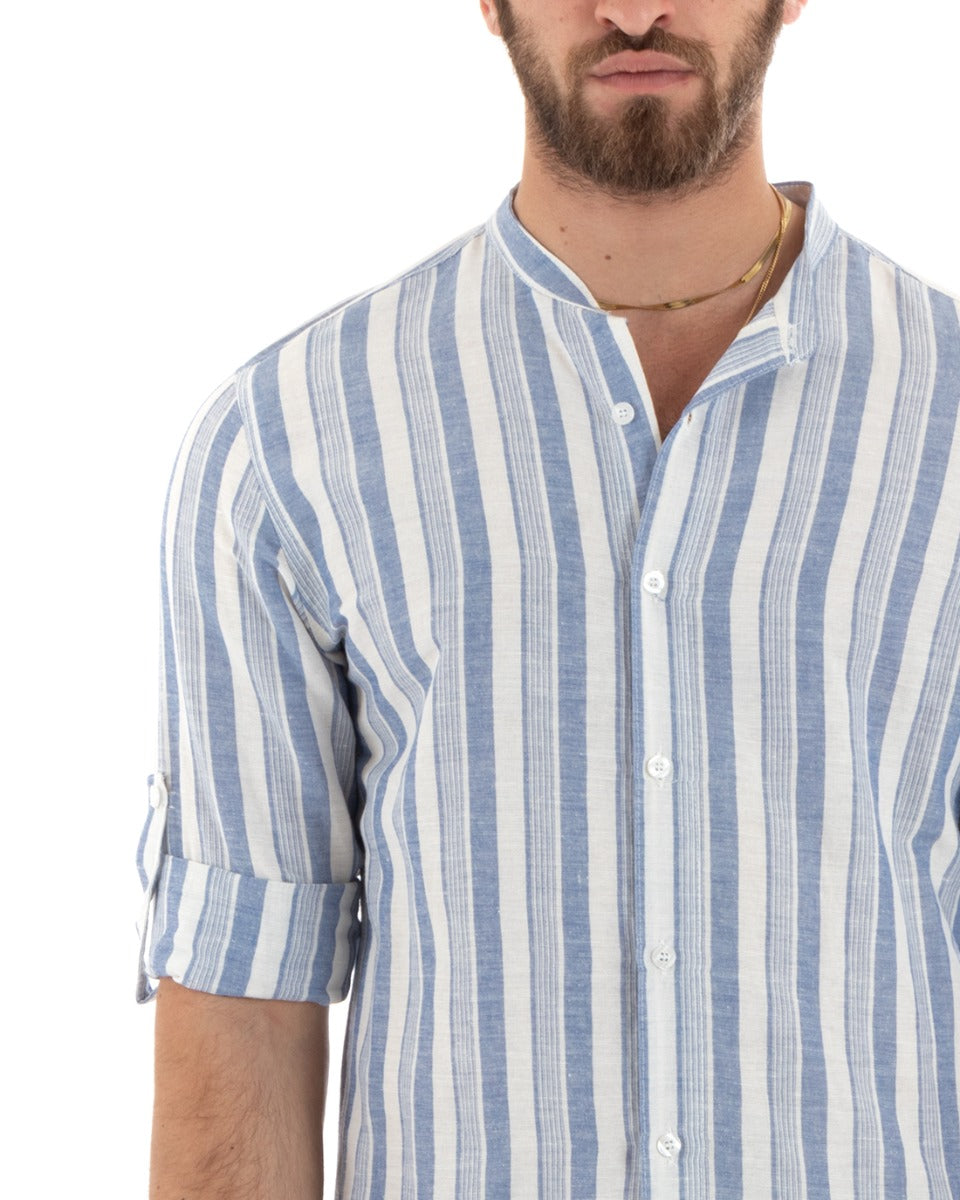 Men's Mandarin Collar Shirt Long Sleeve Striped Linen Blue GIOSAL-C2710A