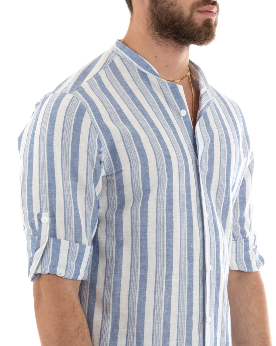 Men's Mandarin Collar Shirt Long Sleeve Striped Linen Blue GIOSAL-C2710A