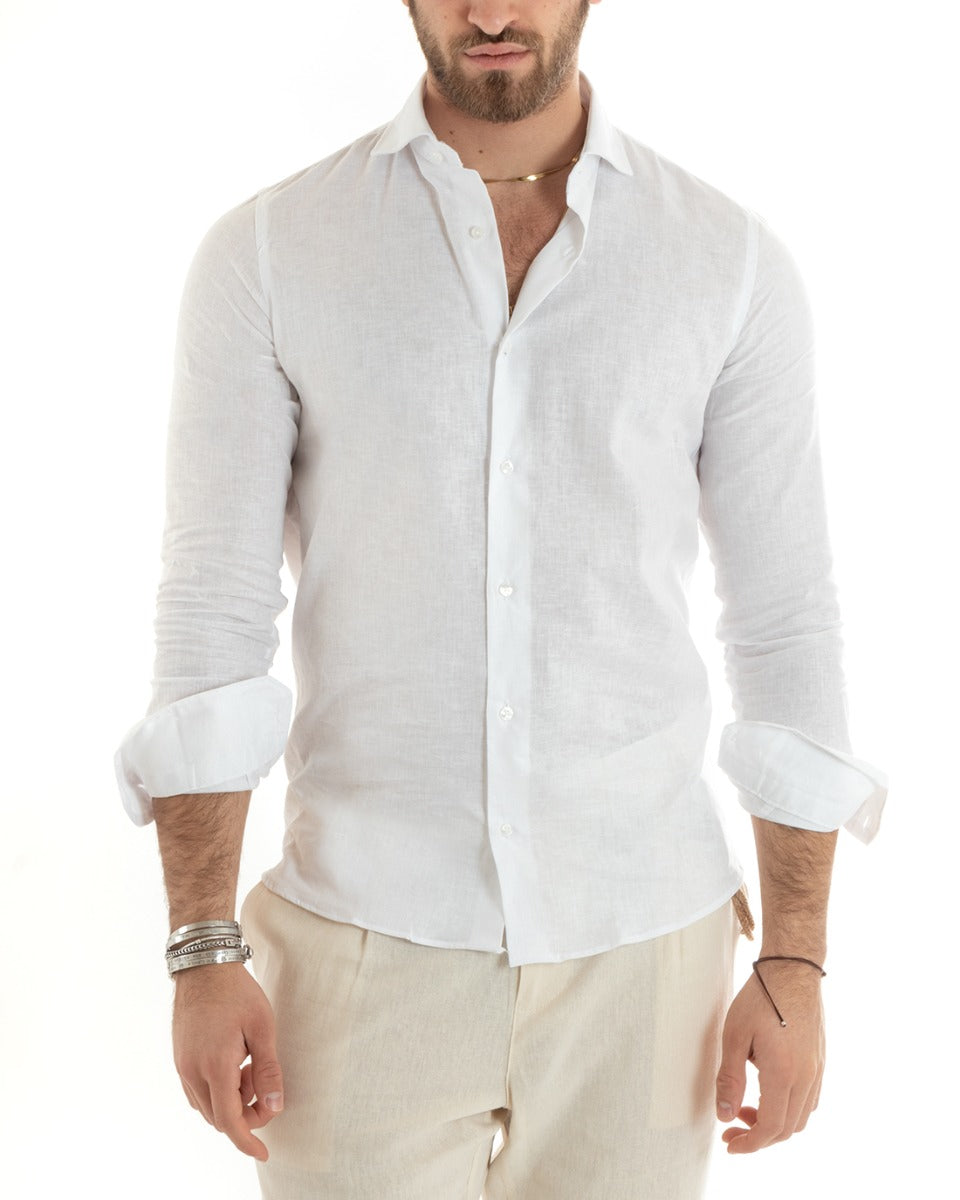 Men's Shirt With Collar Solid White Linen Long Sleeve Casual Tailored GIOSAL-C2711A