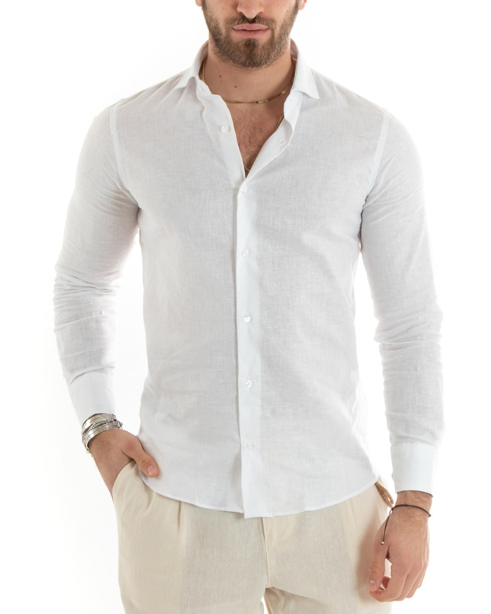 Men's Shirt With Collar Solid White Linen Long Sleeve Casual Tailored GIOSAL-C2711A