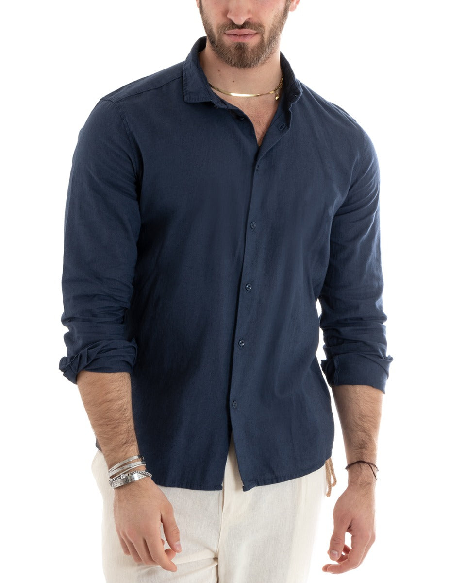 Men's Shirt With Collar Solid Color Blue Linen Long Sleeve Casual Tailored GIOSAL-C2712A