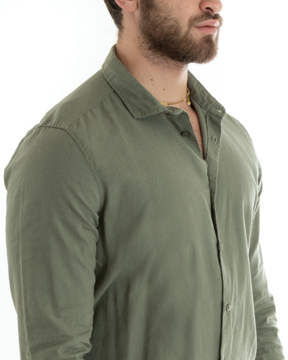 Camicia Uomo Con Colletto Tinta Unita Verde Lino Manica Lunga Casual Sartoriale GIOSAL-C2713A