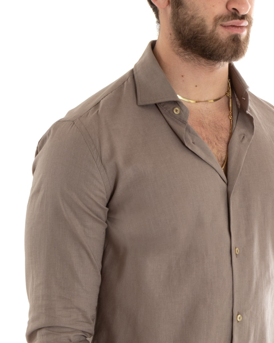Camicia Uomo Con Colletto Tinta Unita Fango Lino Manica Lunga Casual Sartoriale GIOSAL-C2714A