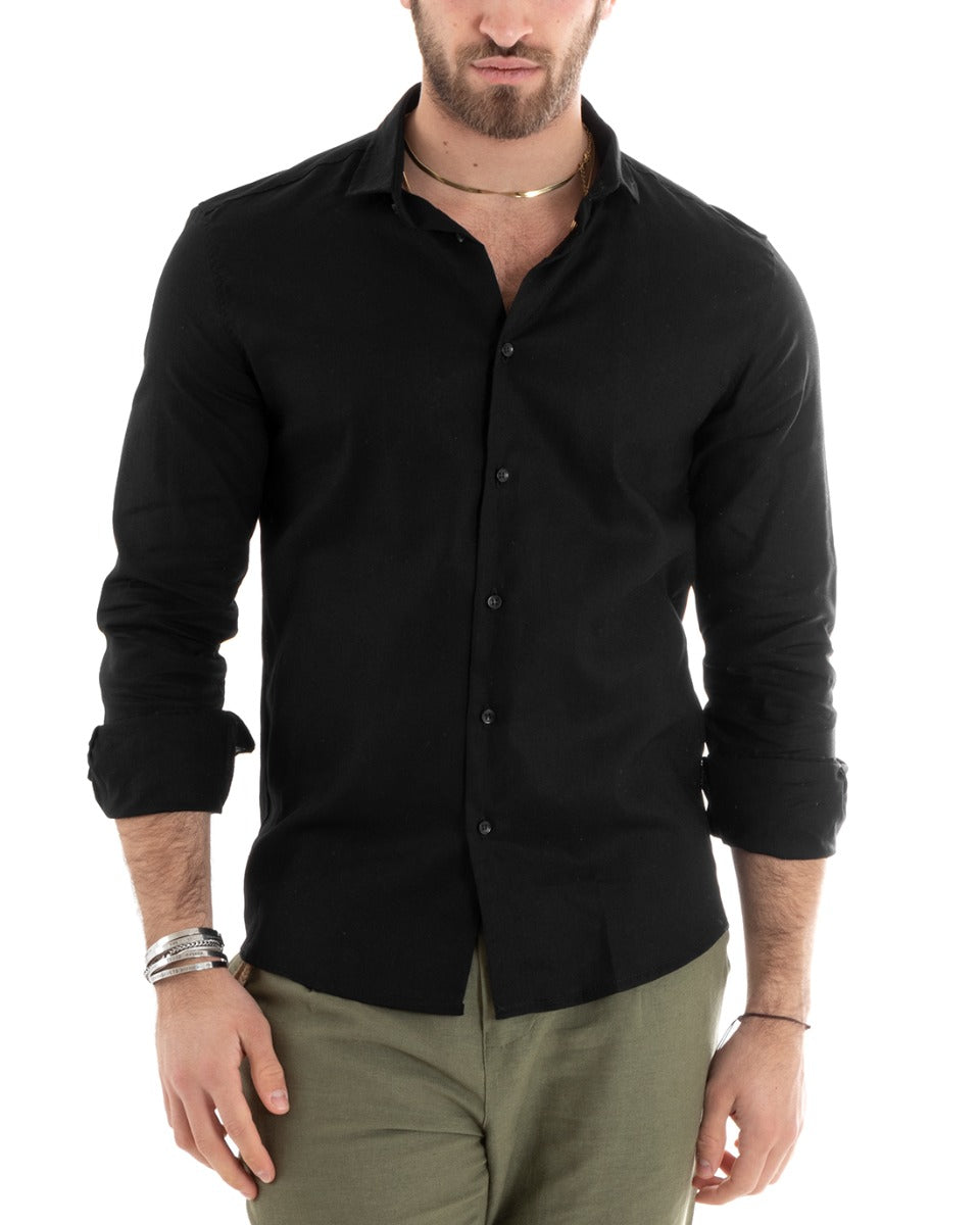 Men's Shirt With Collar Solid Black Linen Long Sleeve Casual Tailored GIOSAL-C2715A