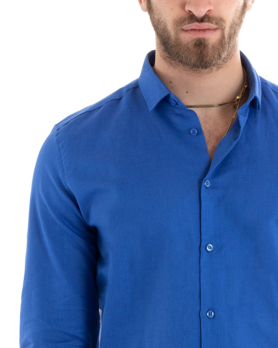 Camicia Uomo Con Colletto Tinta Unita Blu Royal Lino Manica Lunga Casual Sartoriale GIOSAL-C2717A