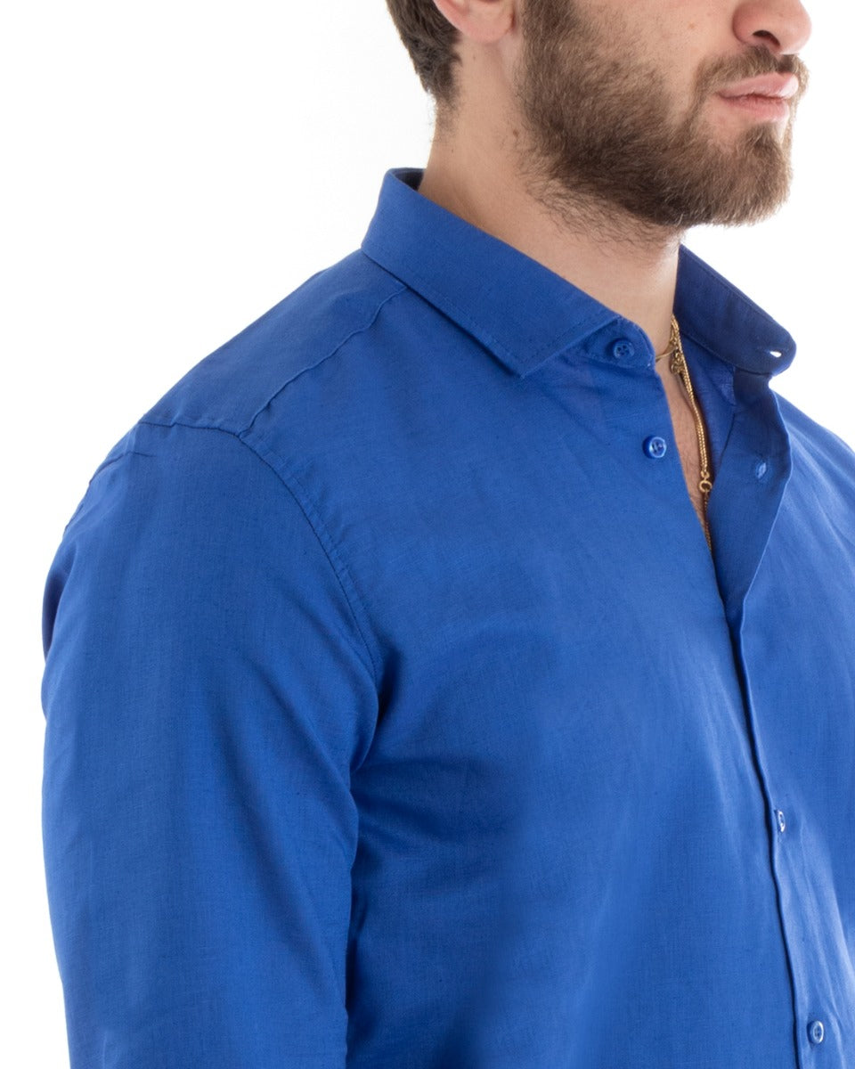 Men's Shirt With Collar Solid Color Royal Blue Linen Long Sleeve Casual Tailored GIOSAL-C2717A