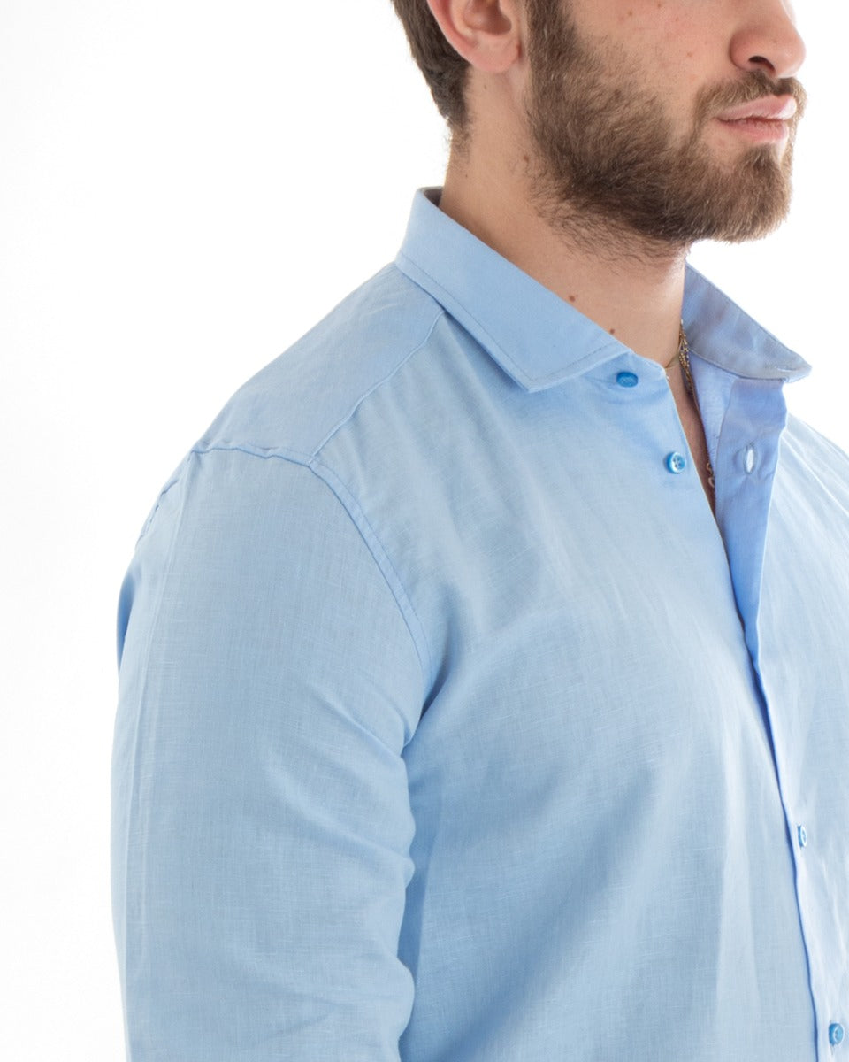 Men's Shirt With Collar Solid Color Light Blue Linen Long Sleeve Casual Tailored GIOSAL-C2718A